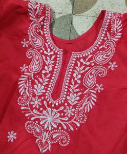 Red Embroidered Cotton Kurta