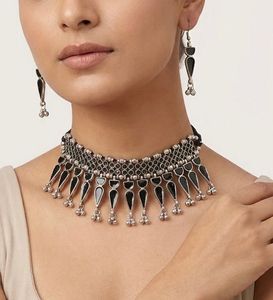 Black &amp; Silver Oxidised Choker Set