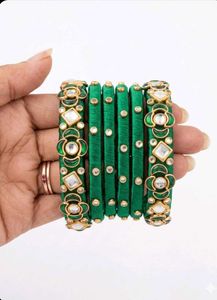 Elegant Green Silk Thread Bangles with Kundan