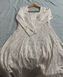 White Party Wear Anarkali Gown &amp; Dupatta