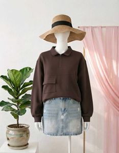 Brown Knit Pullover with Pocket Detail