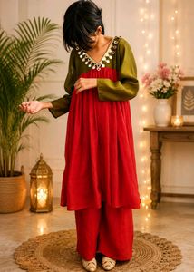 Vibrant Red & Olive Kurta Set