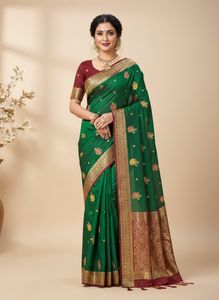 Beautiful Green Embroidered Silk Saree
