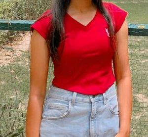 Red V-Neck Crop Top with Logo❤️❤️