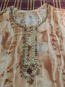 Elegant Beige Printed Kurta with Embellishments