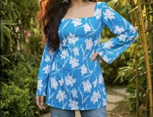 Blue Floral Print Kurta with Bell Sleeves