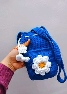 Handmade Blue Crochet Bag with Flowers