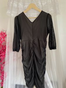 Chic Black Mesh Sleeve Ruched Dress