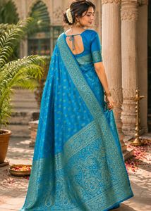 Stunning Blue Silk Saree with Gold Border