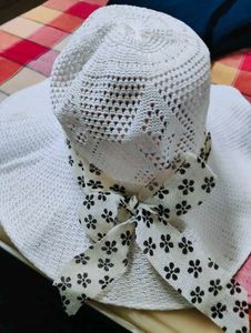 White Sun Hat with Floral Ribbon
