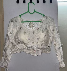 Elegant White Blouse with Mirror Work