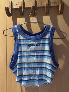 Blue Striped Ribbed Cropped Tank Top