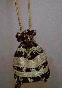 Elegant Brown &amp; Gold Drawstring velvet potli