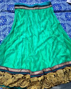 Green Unstitched Lehenga Skirt with Golden Border