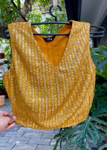 Mustard Sequin V Neck Crop Top