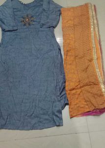 Elegant Blue Kurta with Orange Dupatta