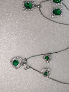 American Diamond Silver Green Pendant Set