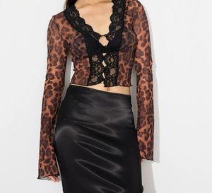 Leopard Print Lace Trim Mesh Top