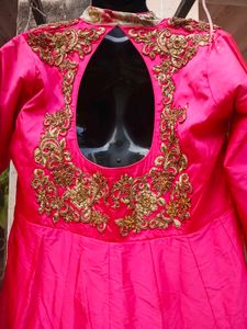 Elegant Pink Ethnic Gown With Floral Skirt/lehenga