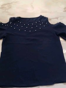 Navy Cold Shoulder Top with Pearl Detail