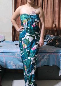 Tropical Print Strapless Maxi Dress