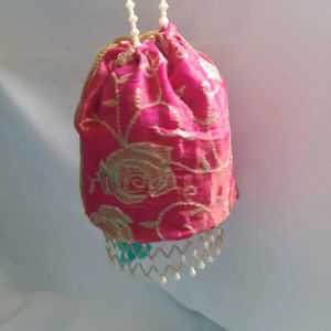 Pink &amp; Gold Embellished Potli Bag