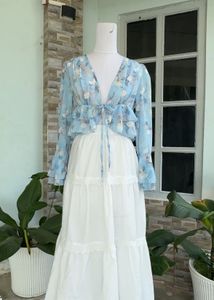 Blue Floral Tie-Front Blouse with white skirt