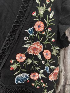 Black Embroidered Flutter Sleeve Top