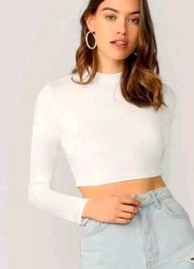White Polyester Full Sleeves Crop Top