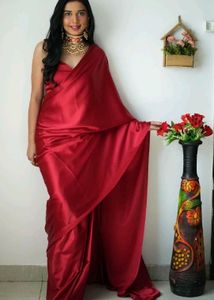 Elegant Red Satin Silk Saree With Large Size Blous