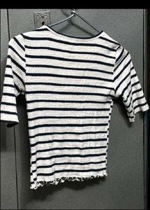 Striped Cropped T-Shirt with Heart Detail