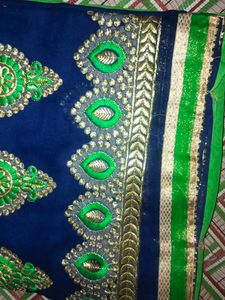 Embroidered Blue Saree with Green Accents