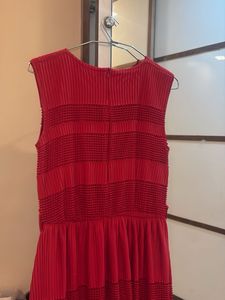 Elegant Red Pleated Maxi Dress with Embellishments