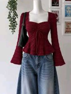Women's Red Ruffled Long Sleeve Top