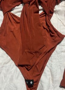 Rust Cutout Tie Front and Backless Bodysuit