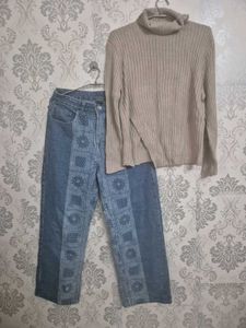 Patchwork Denim Jeans & Turtleneck Set