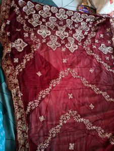 Maroon &amp; Gold Embroidered Saree