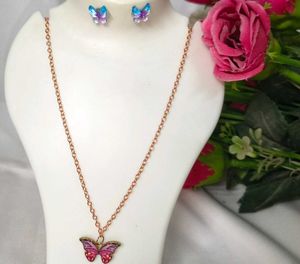 Delicate Rose Gold Chain Metal Pink Necklace &amp; Eye