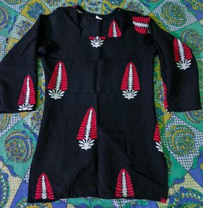 Black Kurta with Red &amp; White Print