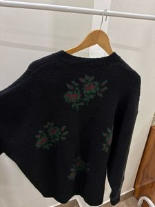 Oversized Black Flower Pattern Knit Cardigan