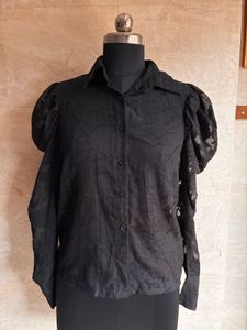 Black Textured Puff Sleeve Top