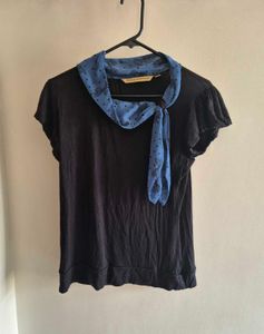 Black T-Shirt with Blue Scarf Detail