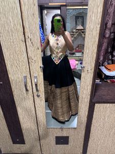 60 lines black chaniya golden mirror work blouse