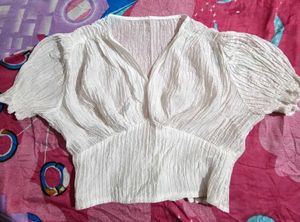 White Crinkle V-Neck Puff Sleeve Top
