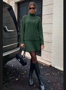 Green Turtleneck Sweater & Pleated Skirt Set