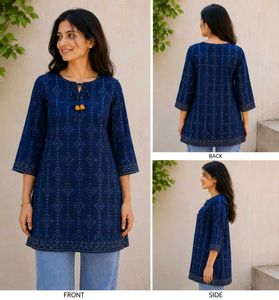 Navy Blue Printed Kurta with Tassels
