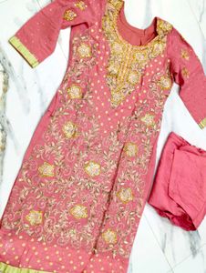 zardozi Embroidered carrot pink Kurta shalwar Set