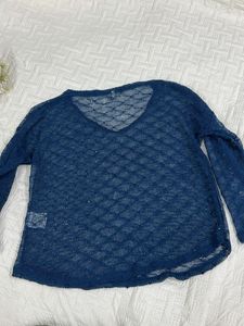Sequins Sheer Blue V-Neck Long Sleeve Top