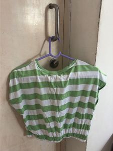 Green &amp; White Striped Cropped Top