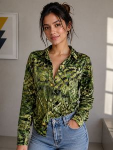 Unique Green Print Button-Up Top